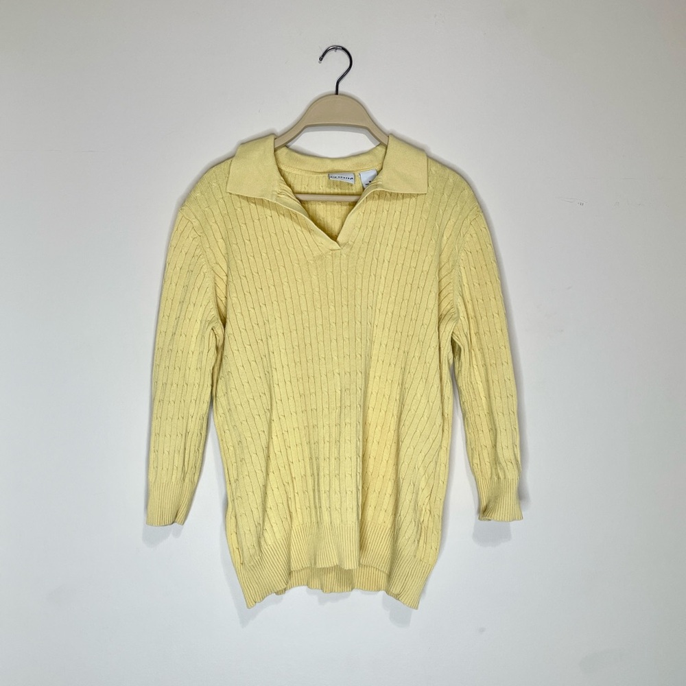 Kim Rogers Womens M Butter Yellow Cable Knit Polo Sweater 100% Cotton EUC Soft